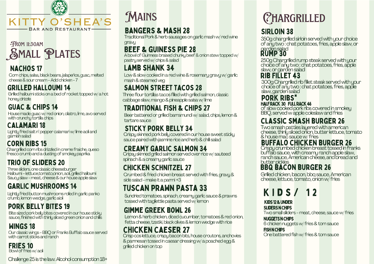 Menu, Kitty O’Sheas