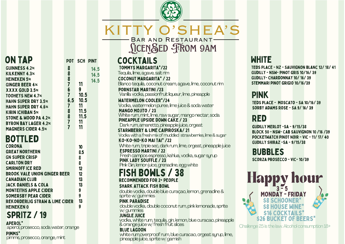 Menu, Kitty O’Sheas