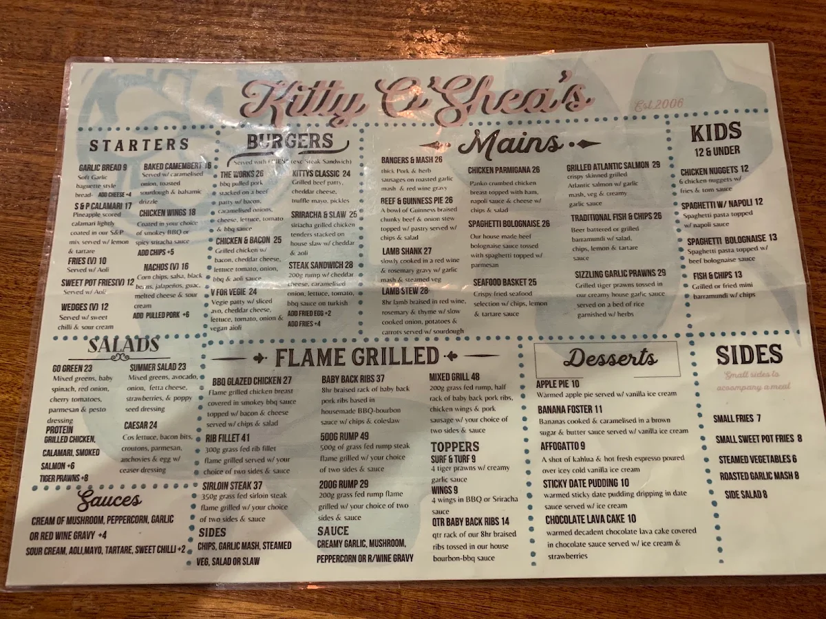 Menu, Kitty O’Sheas
