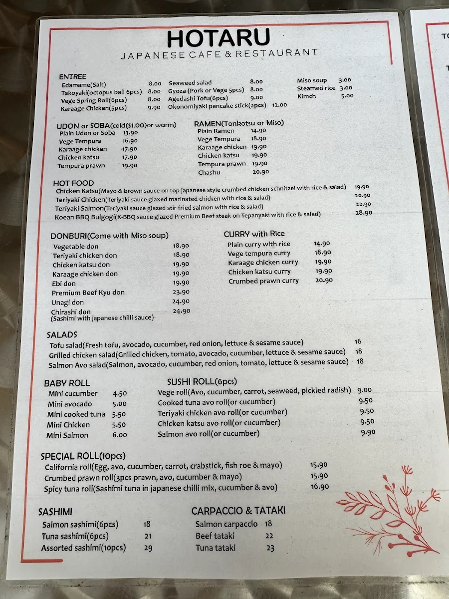 Menu, HOTARU Japanese Cafe & Restaurant (19 The Boulevarde)