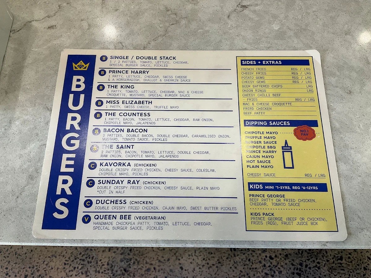 Menu, Royal Stacks Croydon