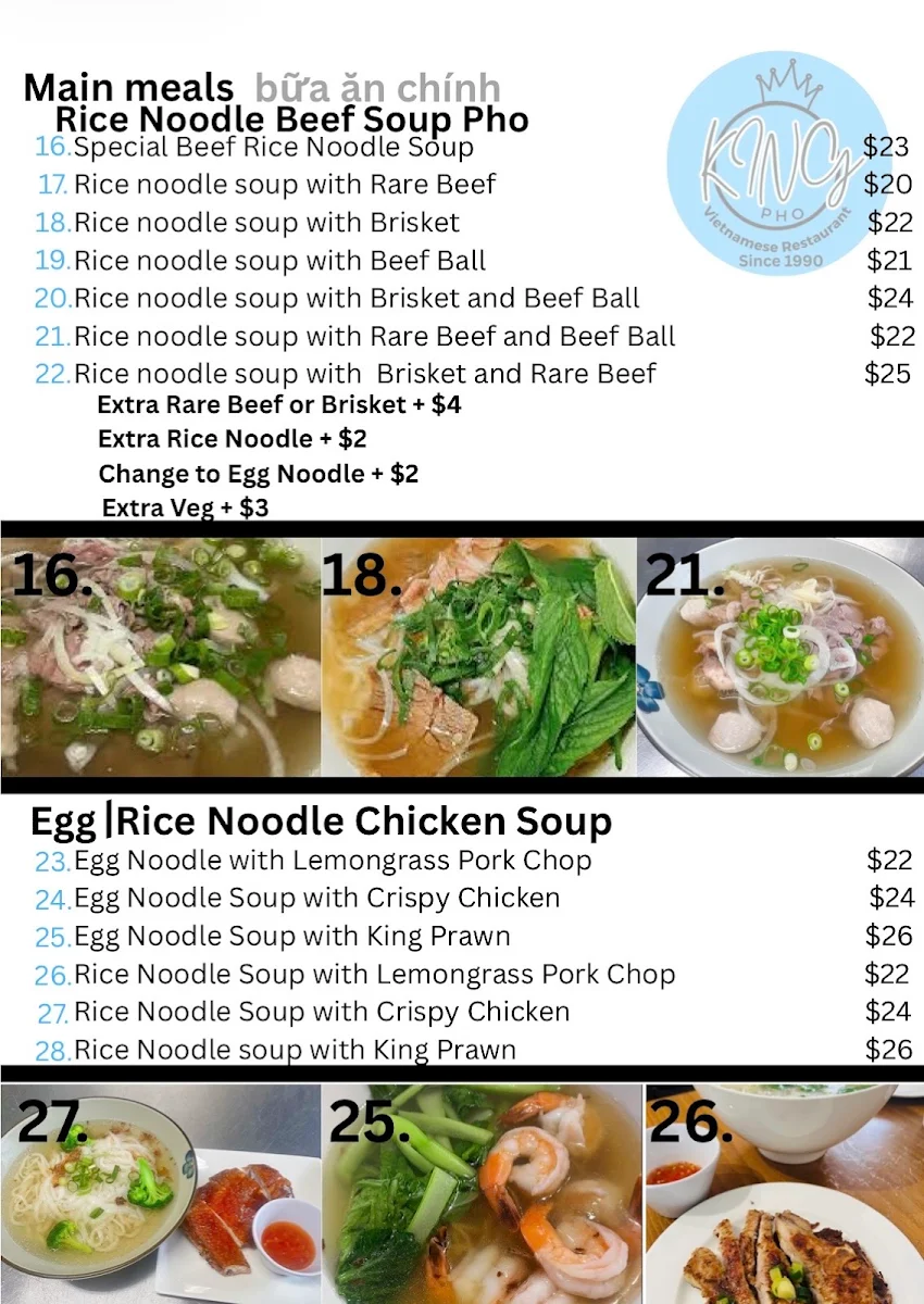 Menu, King Pho Vietnamese restaurant