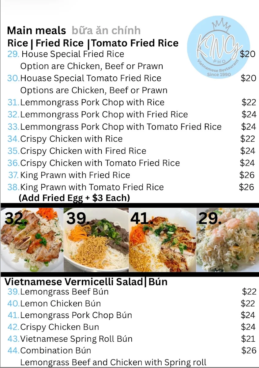 Menu, King Pho Vietnamese restaurant