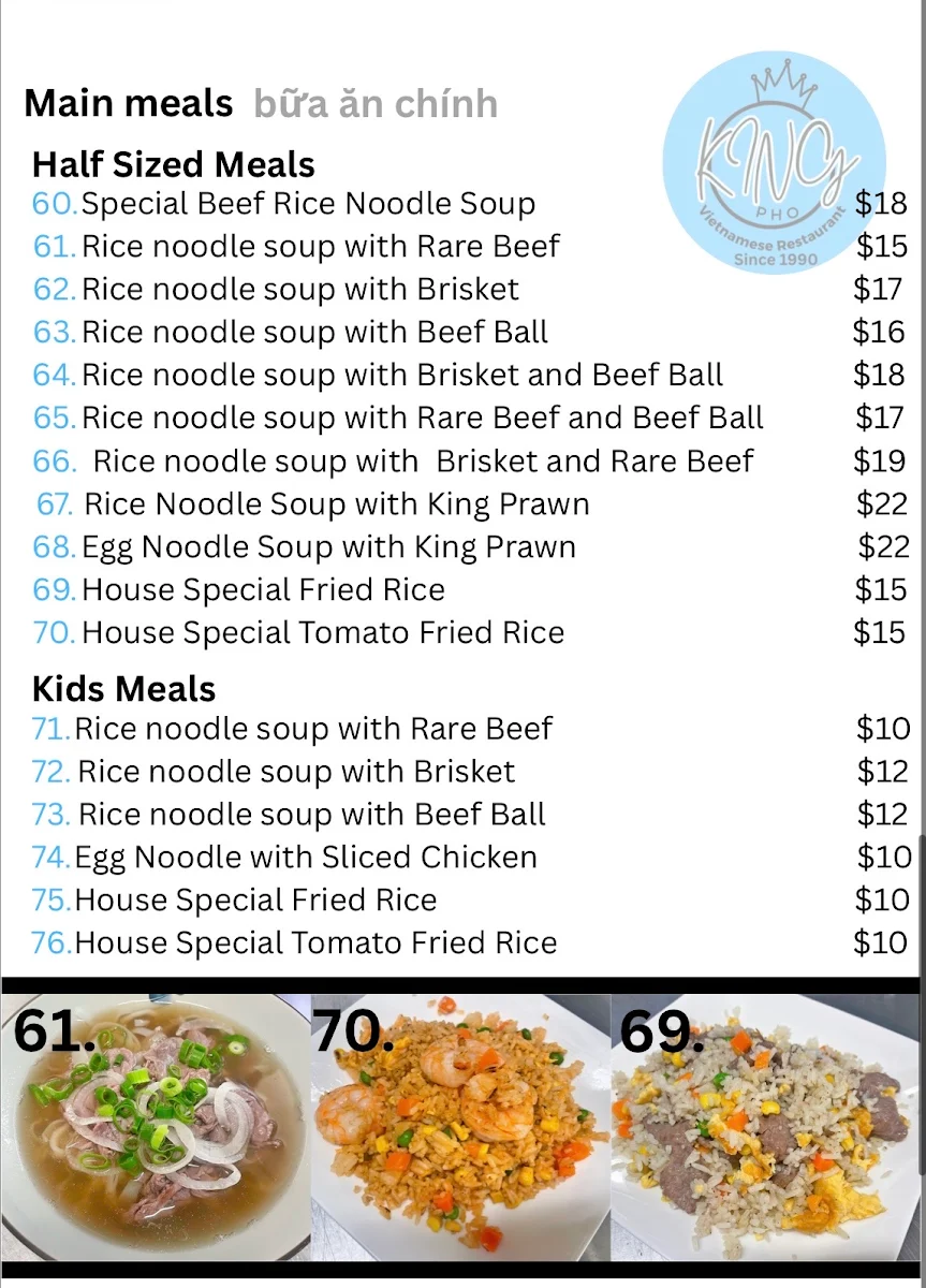 Menu, King Pho Vietnamese restaurant