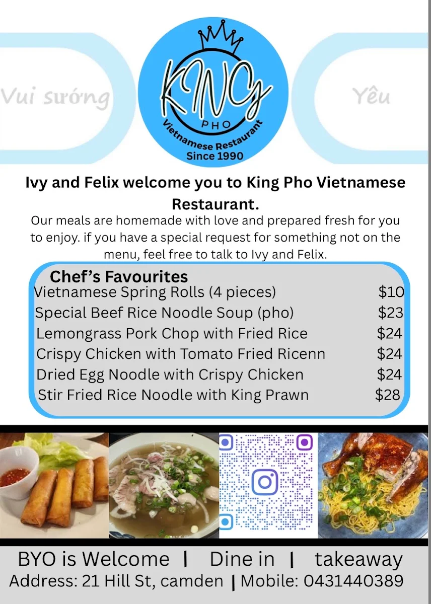 Menu, King Pho Vietnamese restaurant