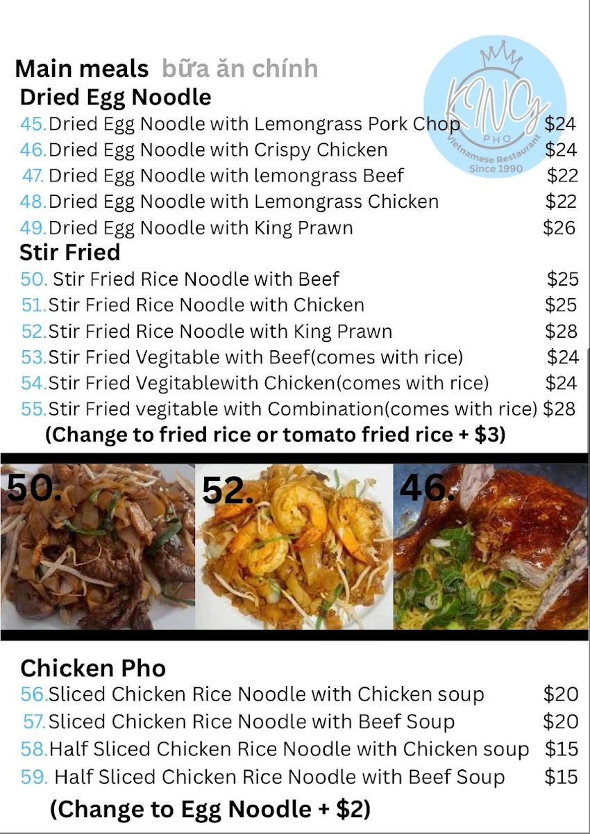 Menu, King Pho Vietnamese restaurant