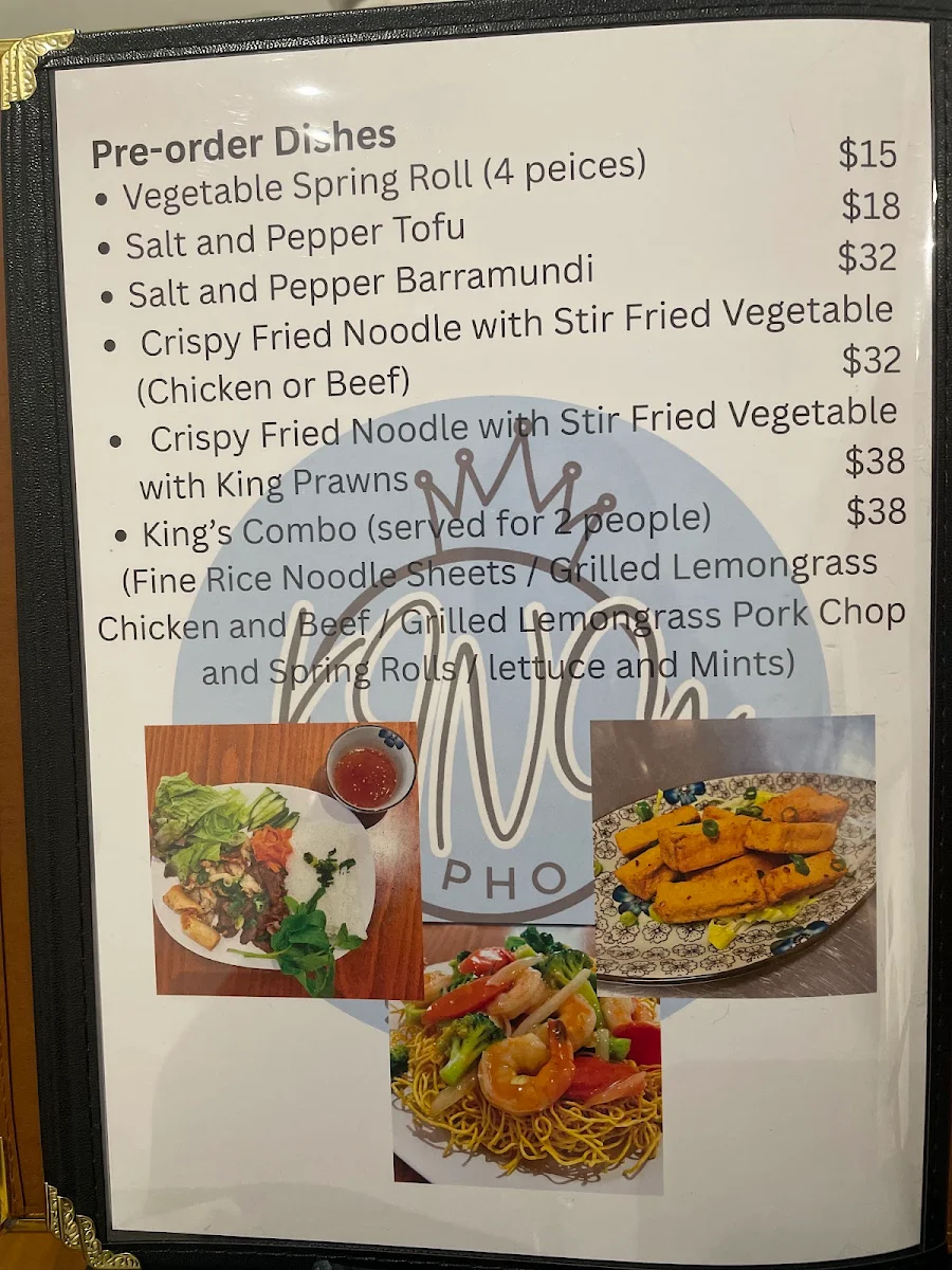 Menu, King Pho Vietnamese restaurant