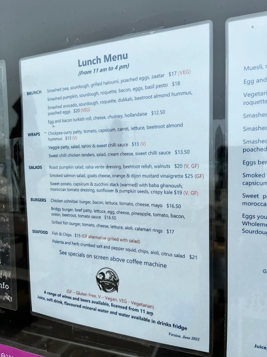 Menu, Bridgewater Bay Cafe