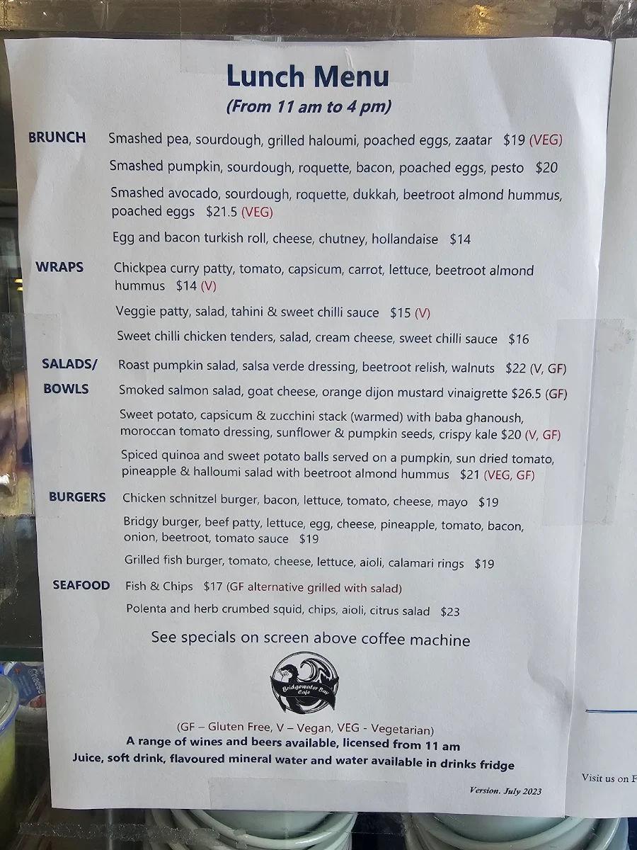 Menu, Bridgewater Bay Cafe
