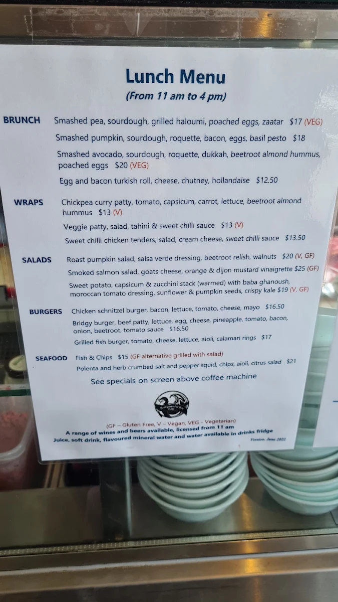 Menu, Bridgewater Bay Cafe