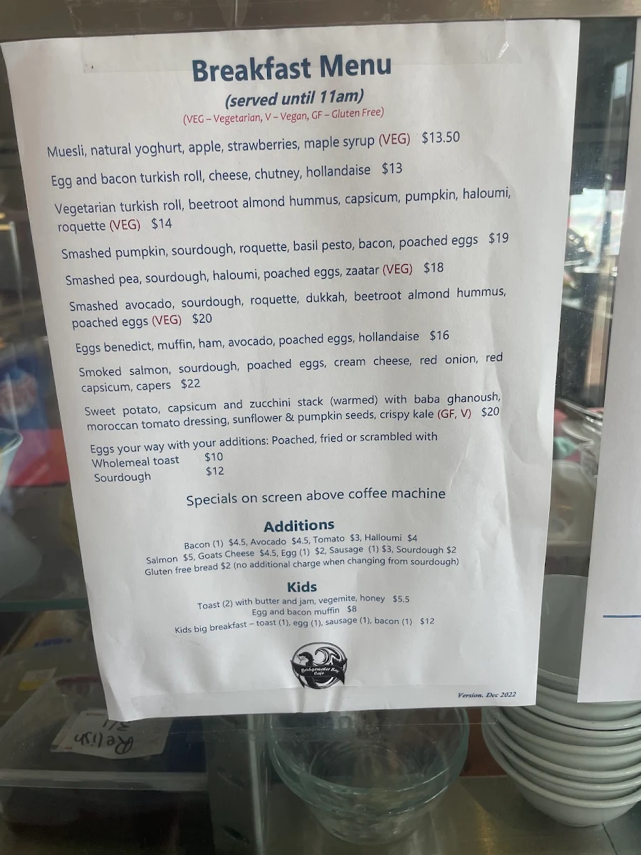 Menu, Bridgewater Bay Cafe