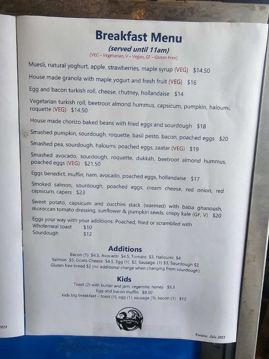 Menu, Bridgewater Bay Cafe