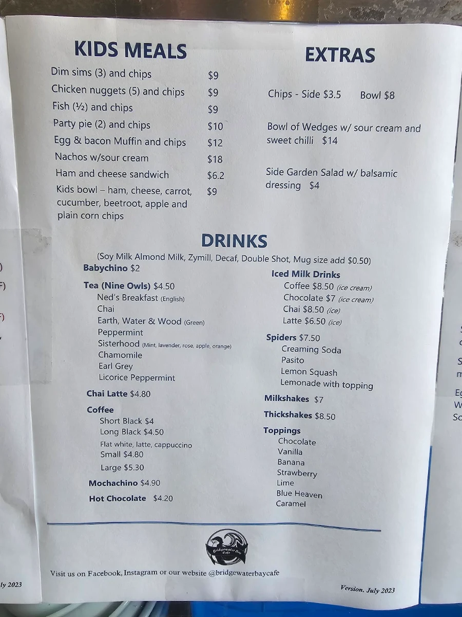 Menu, Bridgewater Bay Cafe