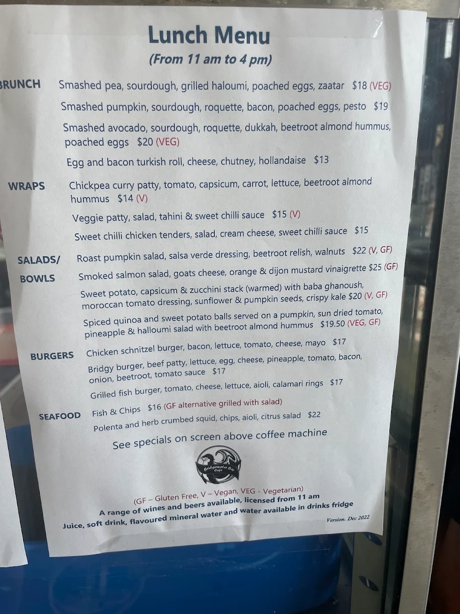 Menu, Bridgewater Bay Cafe