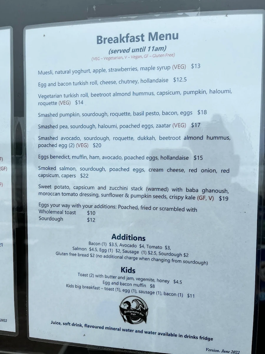 Menu, Bridgewater Bay Cafe