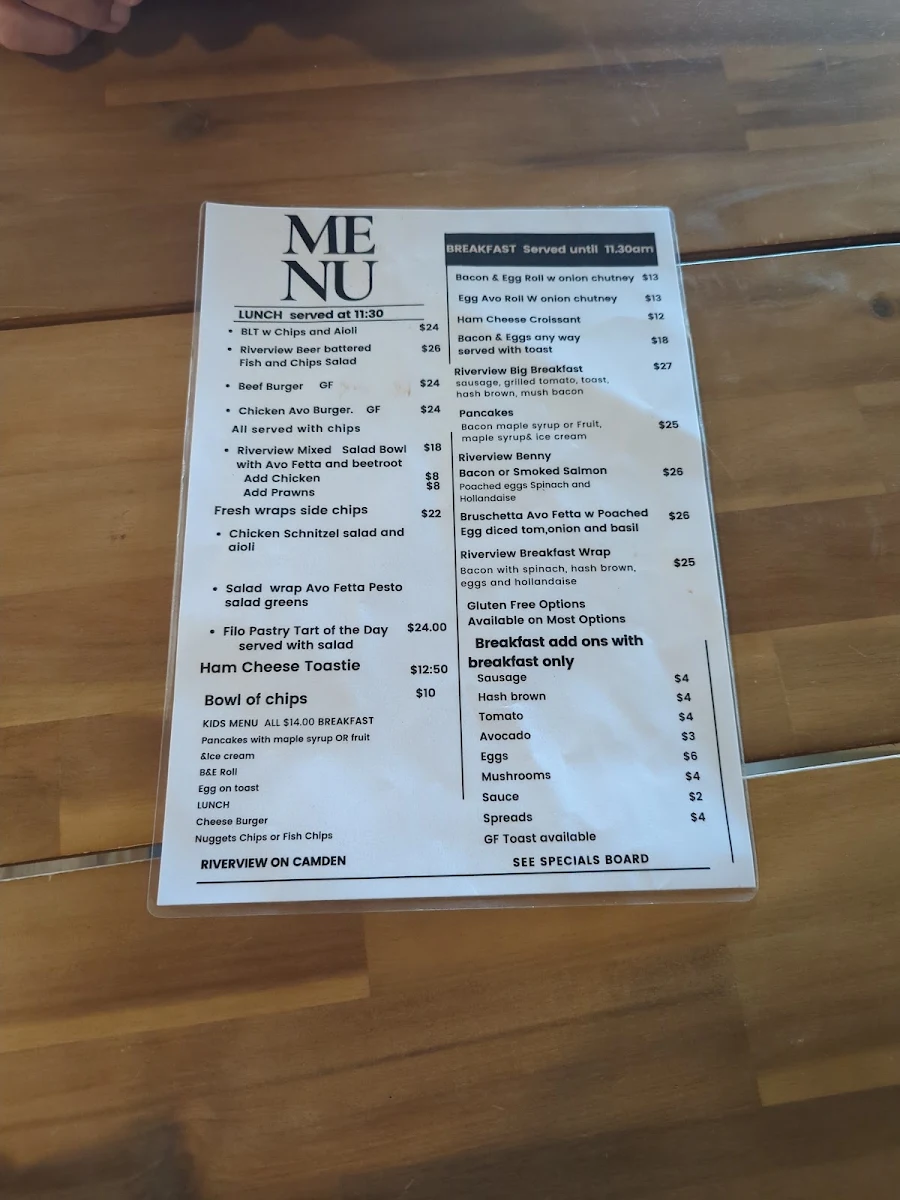 Menu, Riverview Cafe on Camden