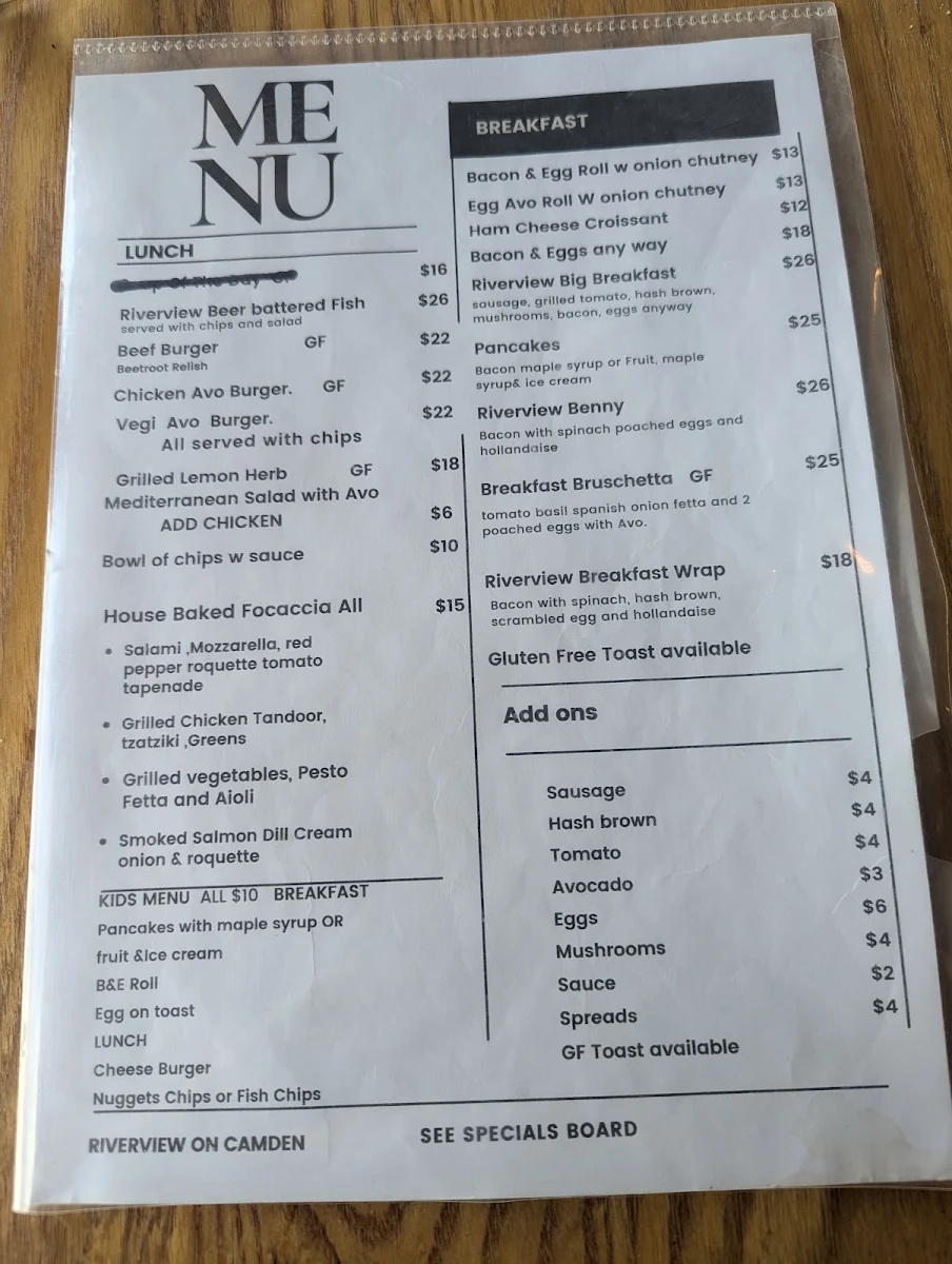 Menu, Riverview Cafe on Camden