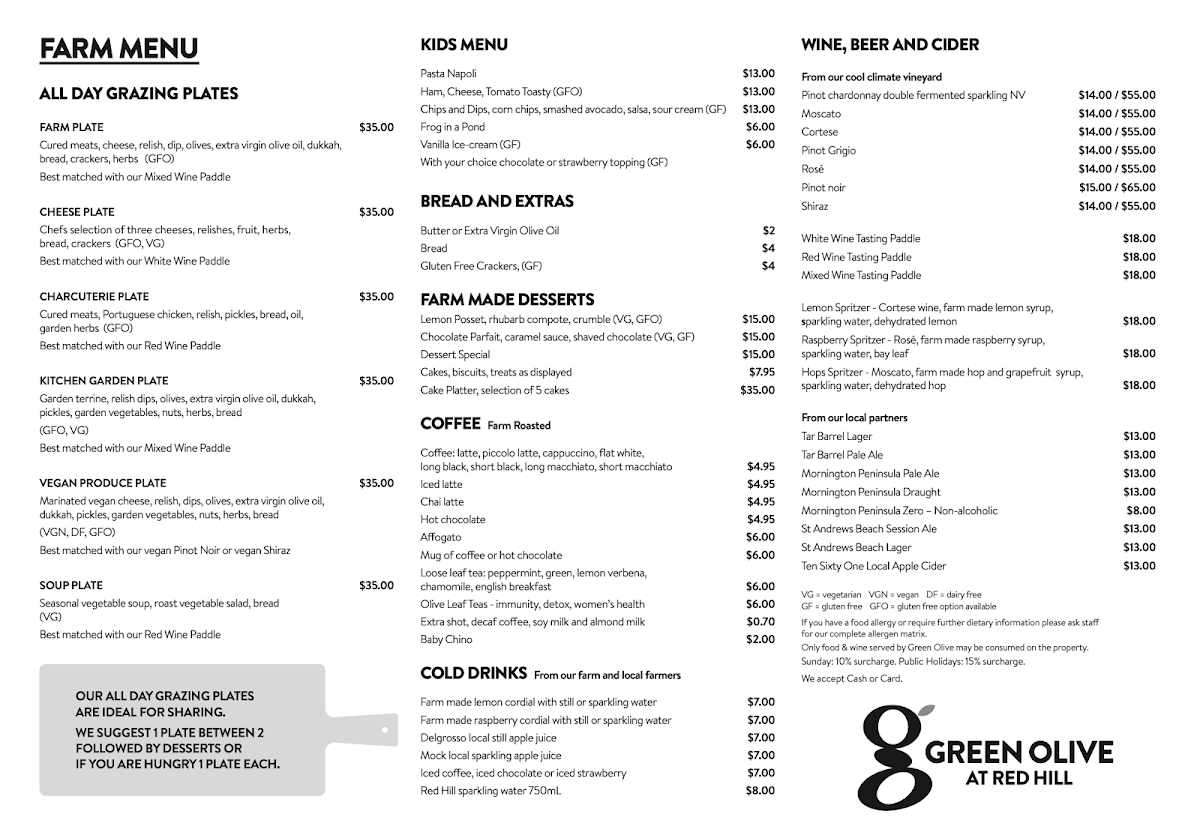 Menu, Green Olive at Red Hill