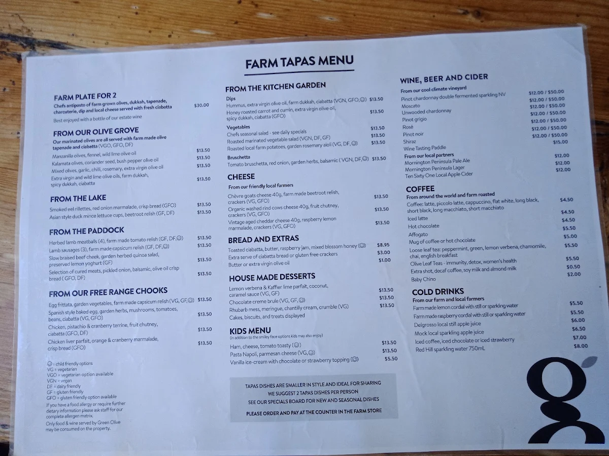 Menu, Green Olive at Red Hill