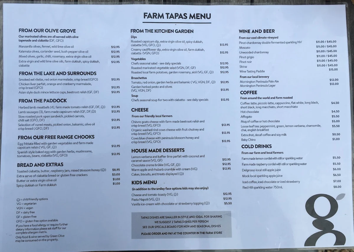Menu, Green Olive at Red Hill