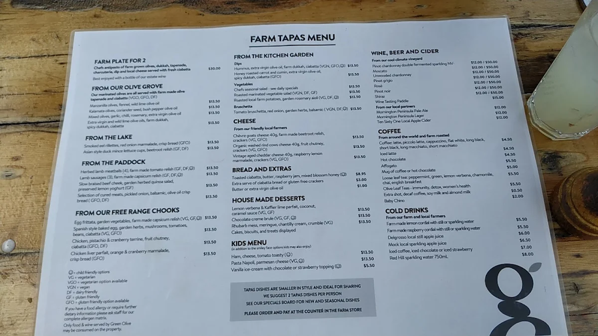 Menu, Green Olive at Red Hill
