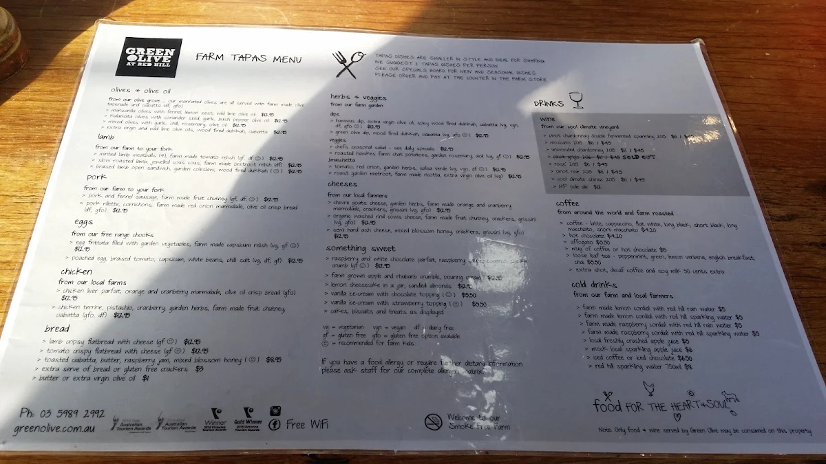 Menu, Green Olive at Red Hill
