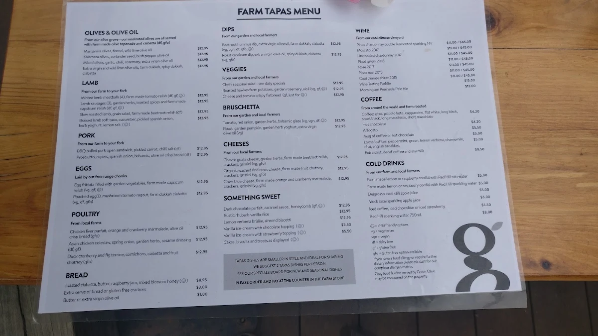 Menu, Green Olive at Red Hill