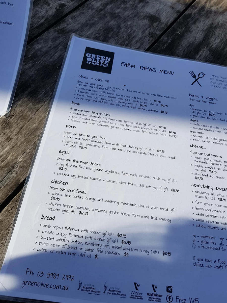 Menu, Green Olive at Red Hill