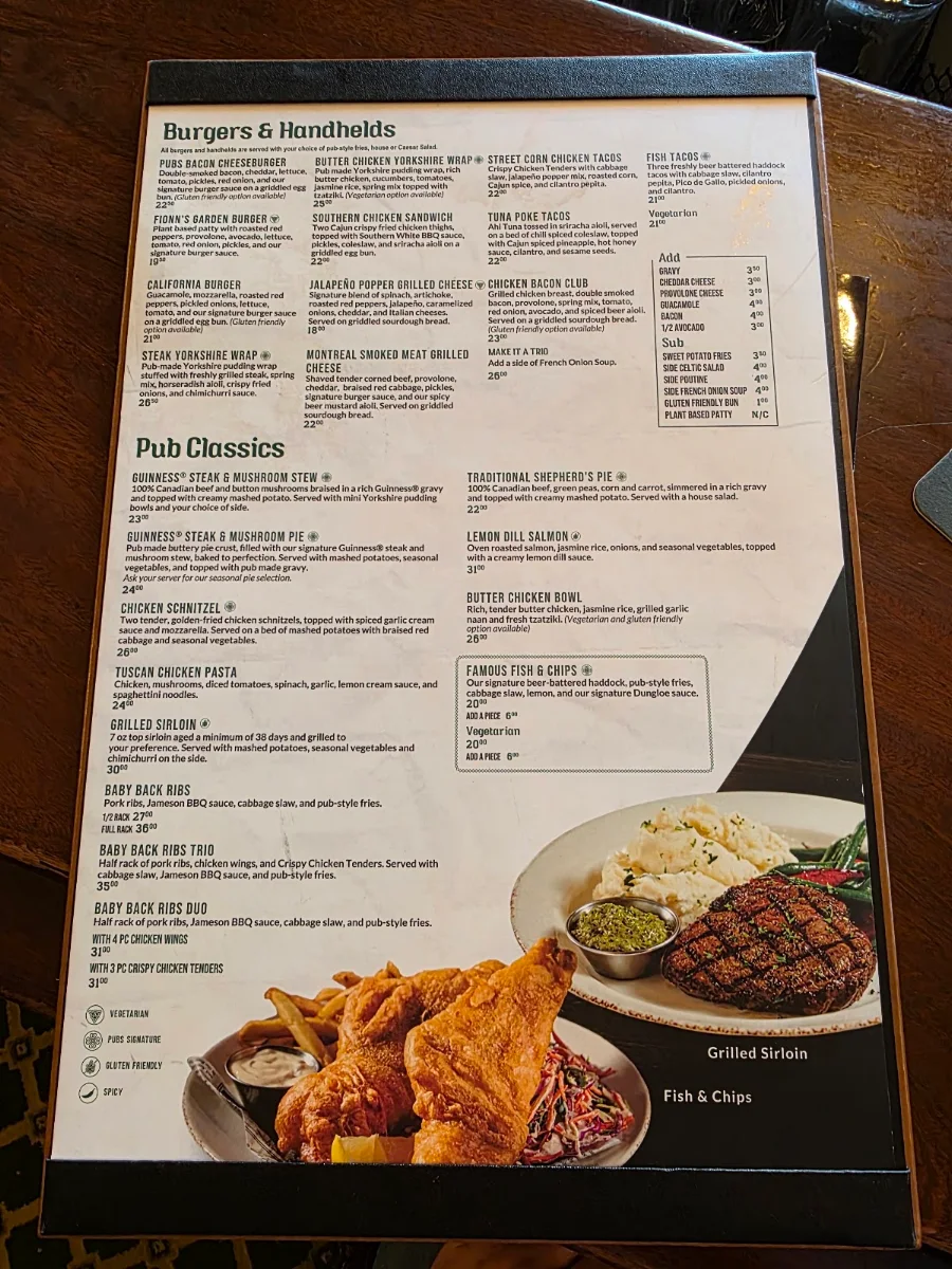 Menu, D'Arcy McGee's