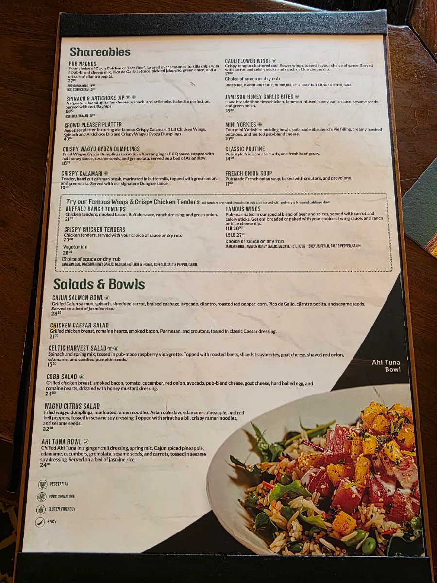 Menu, D'Arcy McGee's
