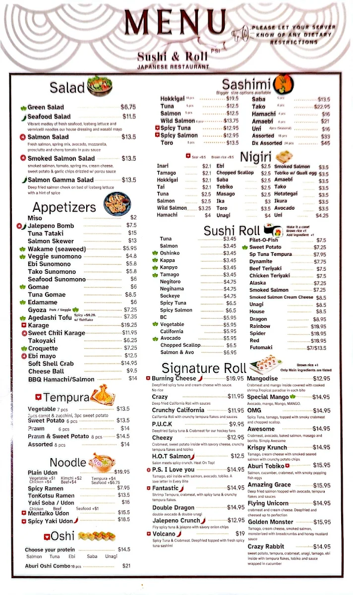 Menu, Sushi & Roll