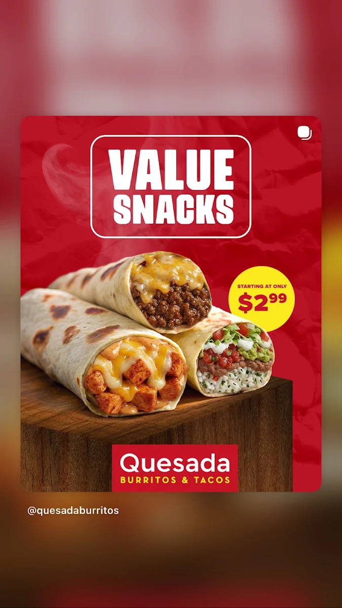 Menu, Quesada Burritos & Tacos