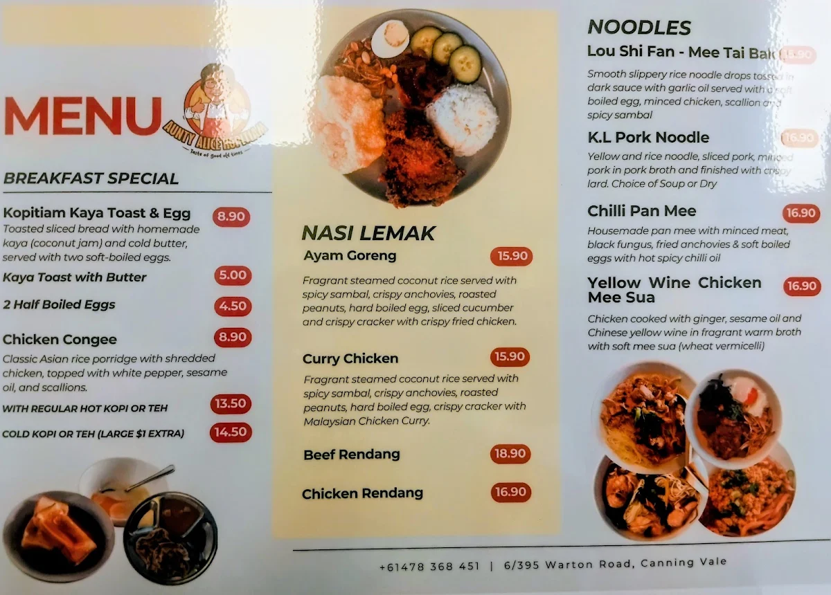 Menu, Aunty Alice Kopitiam