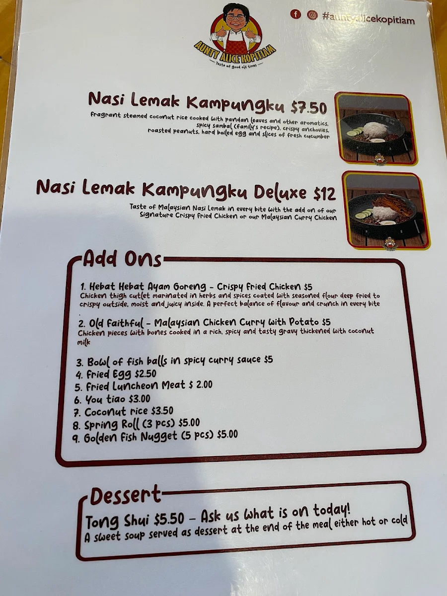 Menu, Aunty Alice Kopitiam