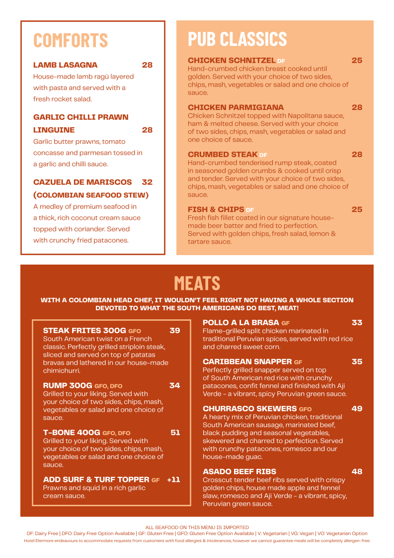 Menu, Hotel Elermore