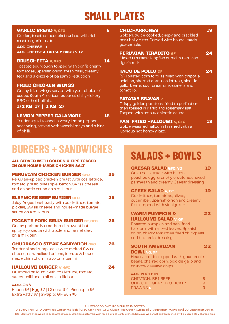 Menu, Hotel Elermore