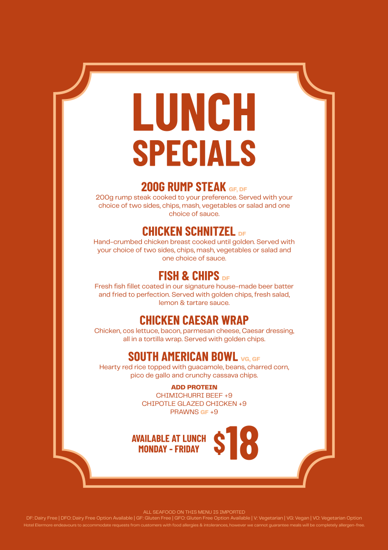 Menu, Hotel Elermore