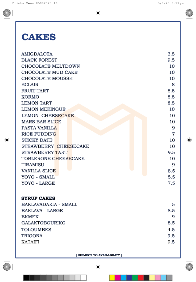 Menu, Melissa Oakleigh