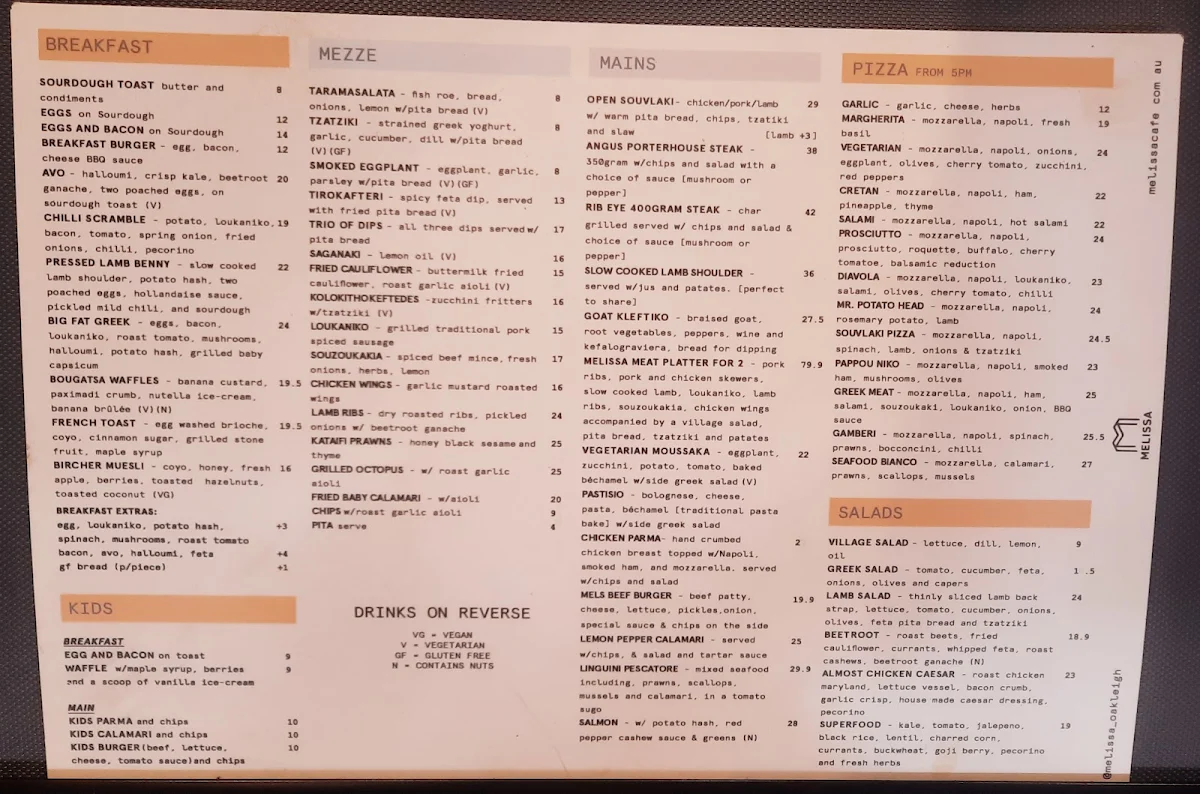 Menu, Melissa Oakleigh