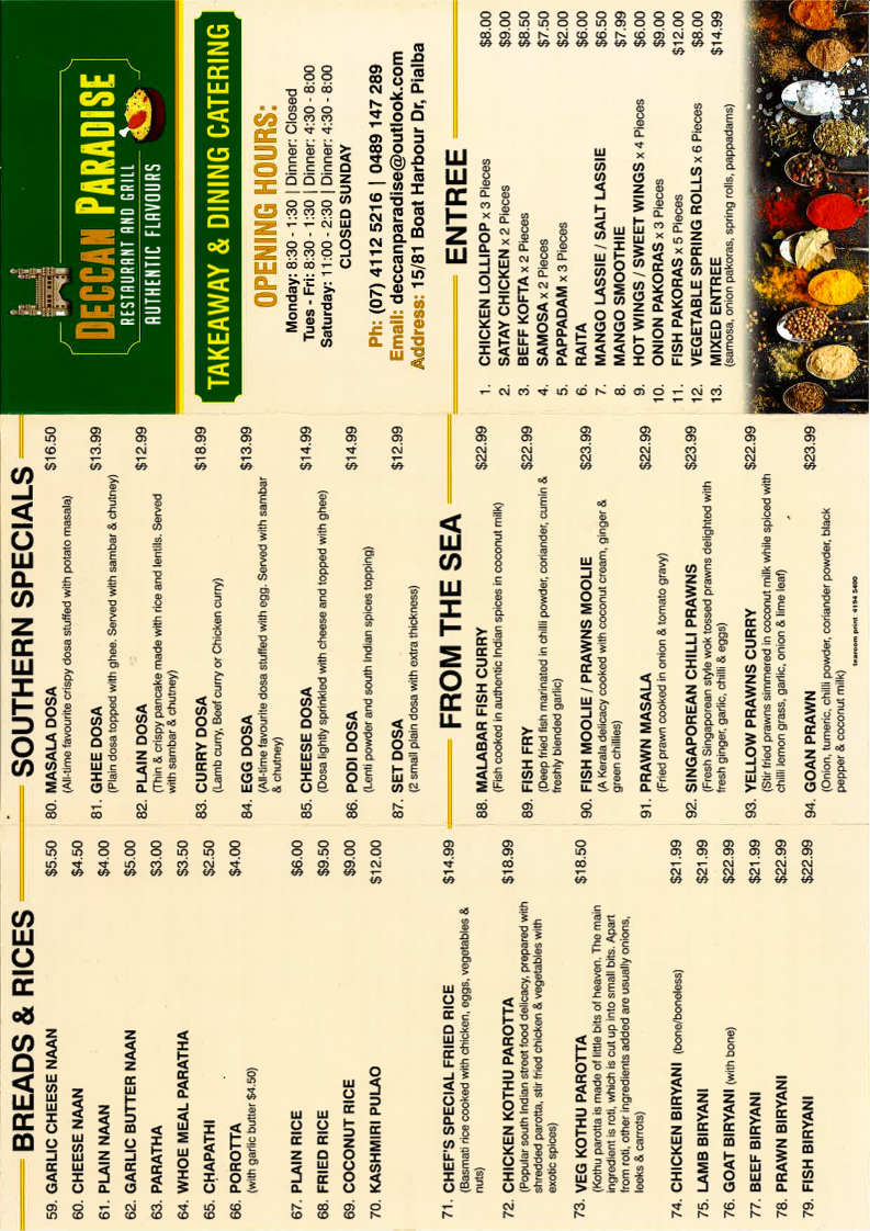 Menu, Deccan Paradise Restaurant and Grill