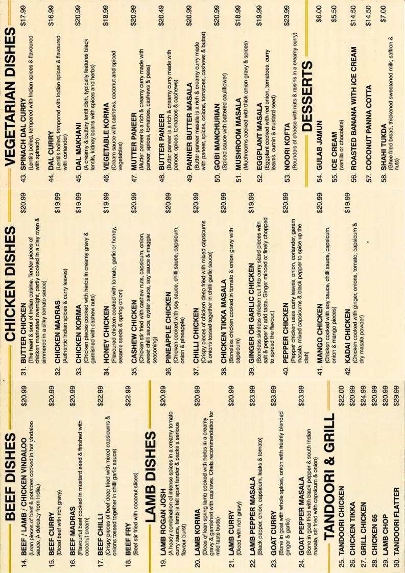 Menu, Deccan Paradise Restaurant and Grill