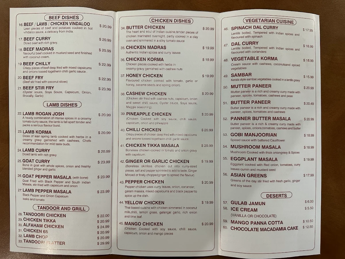 Menu, Deccan Paradise Restaurant and Grill
