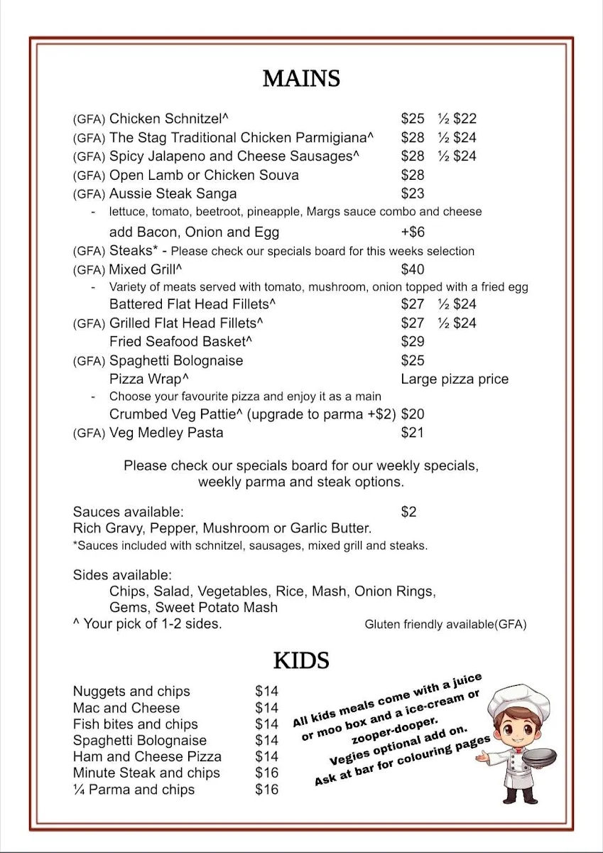 Menu, The Stag Hotel Learmonth