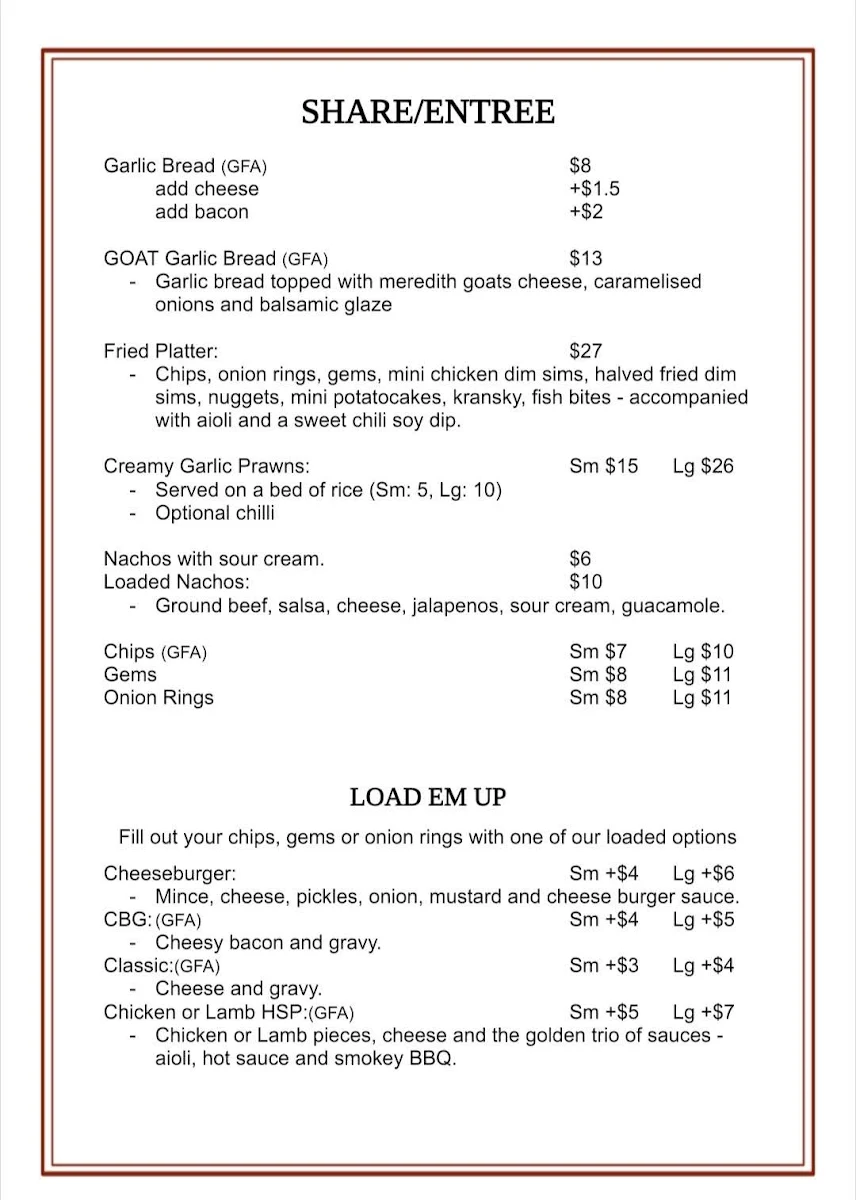 Menu, The Stag Hotel Learmonth