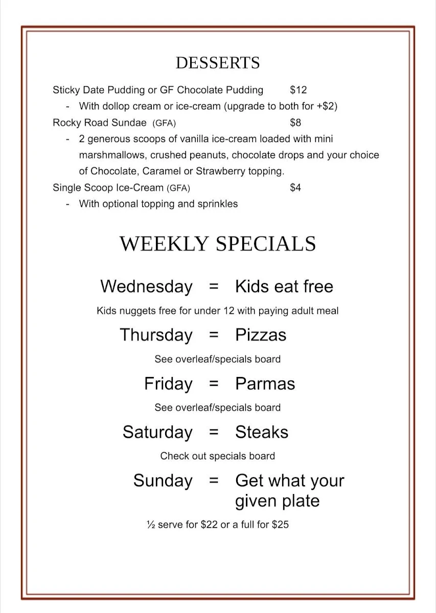 Menu, The Stag Hotel Learmonth