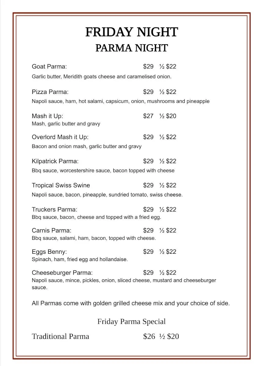 Menu, The Stag Hotel Learmonth