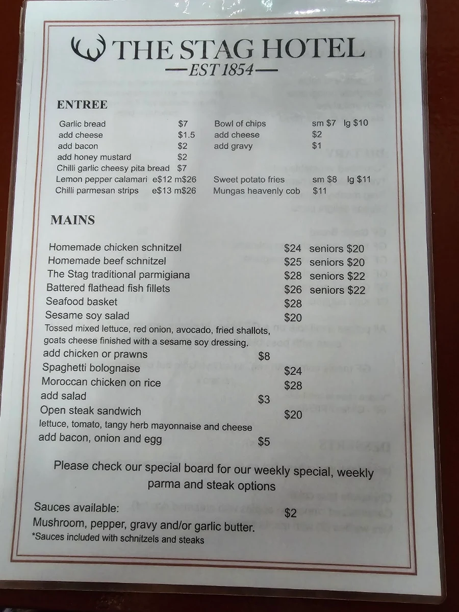 Menu, The Stag Hotel Learmonth
