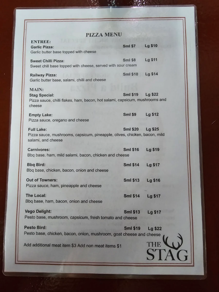 Menu, The Stag Hotel Learmonth