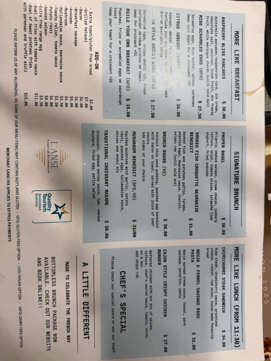 Menu, L'Anse French Café & Croissanterie