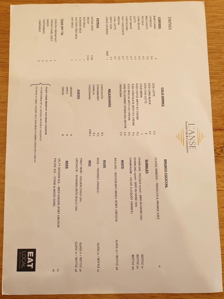 Menu, L'Anse French Café & Croissanterie